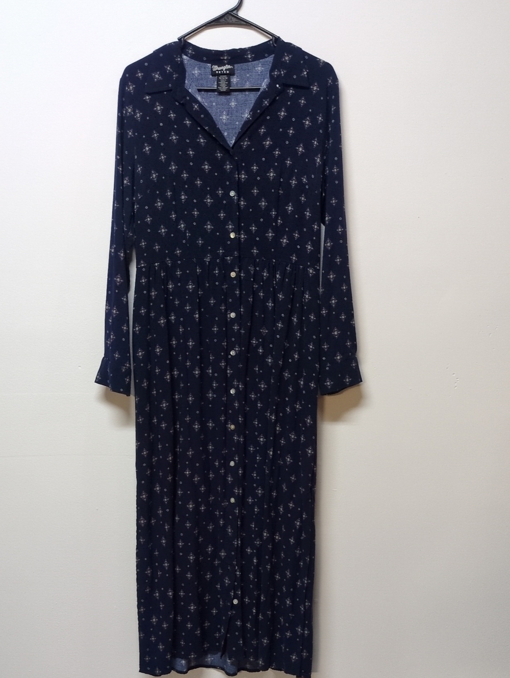 Wrangler Retro Navy Geometric Print Long Sleeve Maxi Shirt Dress Size M